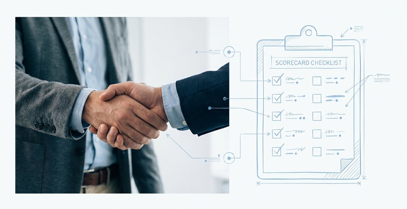 Two people shaking hands beside a blueprint sketch of a scorecard checklist
